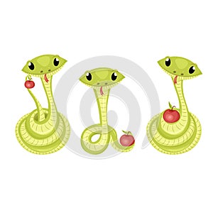 Cartoon cute green smiles snake vector animal illustration.