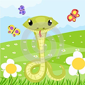 Cartoon cute green smiles snake vector animal illustration.