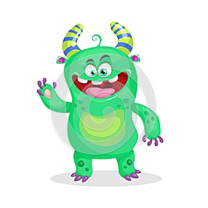 Cartoon cute green waving horned Monster. Best for Halloween and birthday prints, party decorations