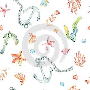Cartoon cute hand drawn sea life seamless pattern. Hand-drawn underwater sea elements: sea stars, anchor, Coral, shells