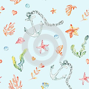 Cartoon cute hand drawn sea life seamless pattern. Hand-drawn underwater sea elements: sea stars, anchor, Coral, shells