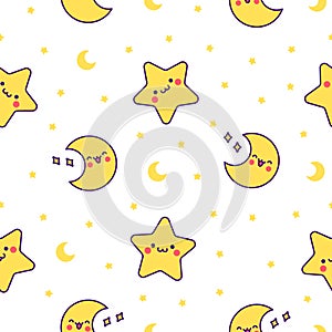 Cartoon cute happy kawaii. Seamless pattern