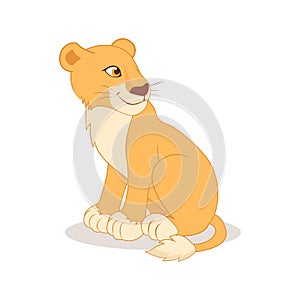 Cartoon cute happy lioness sitting on the white background.