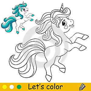 Cartoon cute happy little unicorn coloring book page vector