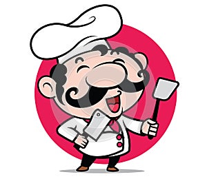 Cartoon cute Italian chef character with big moustache holding spatula and knife