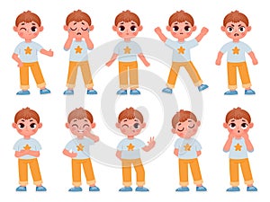 Cartoon cute kid boy character expressions and emotions. Little child laugh, smile, cry and surprise. Angry, sad, happy boy pose