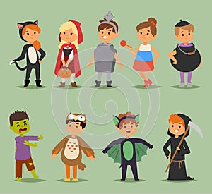 Cartoon cute kids wearing Halloween costumes vector characters. Little child people Halloween bat, candy, ghost, zombie