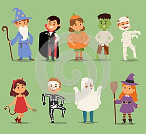 Cartoon cute kids wearing Halloween costumes vector characters. Little child people Halloween dracula, witch, ghost