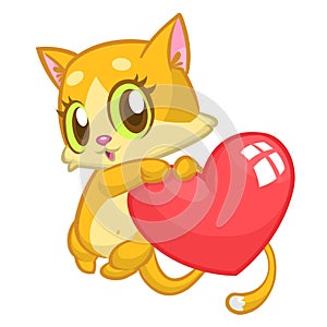 Cartoon cute kitty in love and holding a heart love. Vector illustration for St Valentines Day. Isolated.