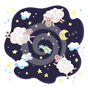 Cartoon cute lambs, clouds, stars and moon