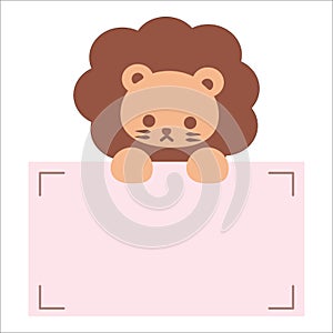 Cartoon cute lion holding memo. Frame for photo, text, note, sticker, label. Little animal to do list card.