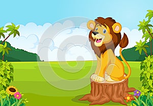 Cartoon cute lion sit on the tree