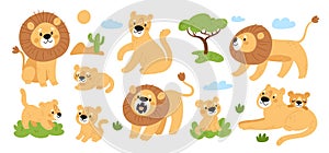 Cartoon cute lions. Funny wild animals pride. King of beasts. Lionesses with cubs. Predators of feline family. Jungle