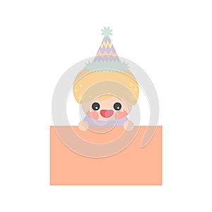 Cartoon cute little birthday hat prince elf holding orange color memo. Frame for photo, text, note, label