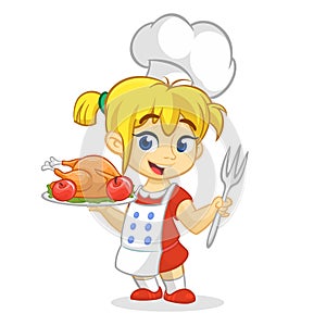 Cartoon cute little blond girl in apron and chef`s hat serving roasted thanksgiving turkey