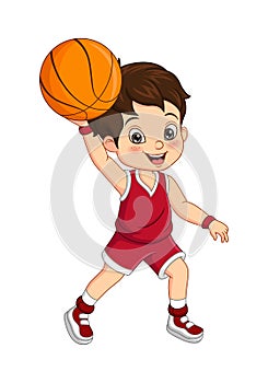 Cartoon cute little boy playing basketball