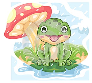 Cartoon cute little frog being happy playing in the rain under the mushroom tree