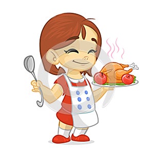 Cartoon cute little girl in apron serving roasted thanksgiving turkey
