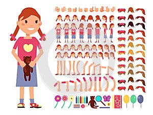 Cartoon cute little girl character. Vector creation constructor with different emotions and body parts