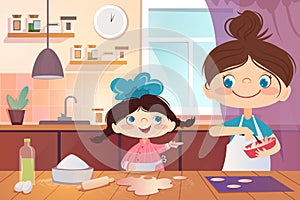 Cartoon cute little girl chef with mother cooking biscuit in the kitchen