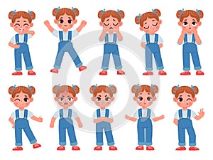 Cartoon cute little girl face emotions and expressions. Kid character feel happy, sad, angry, and surprise, cry, smile