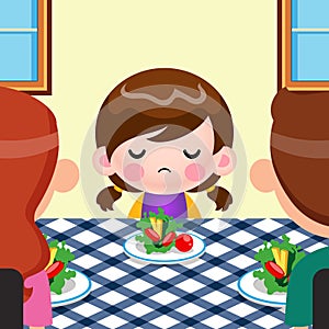 Cartoon Cute Little Girl Not Want To Eat Vegetables, And Her Parents Tries To Persuade Her Vector