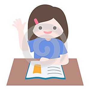 Cartoon cute little girl reading book and raising her hand for questions in classroom. Child back to school series.