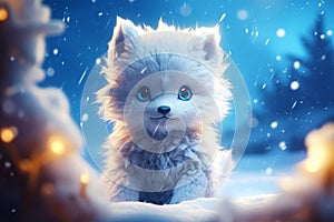 Cartoon cute little white wolf cub with kind eyes in winter on the snow