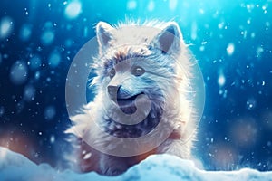 Cartoon cute little white wolf cub with kind eyes in winter on the snow