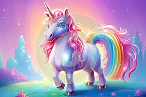 Cartoon, Cute magical unicorn and raibow. Generative Ai