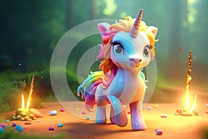 Cartoon, Cute magical unicorn and raibow. Generative Ai