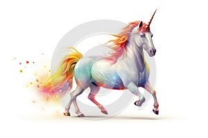 Cartoon, Cute magical unicorn and raibow. Generative Ai