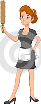 Cartoon cute maid holding feather duster