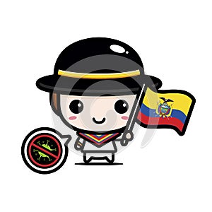 cartoon cute male character holding ecuador flag against virus