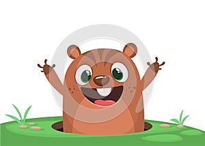 Cartoon cute marmot groundhog looking out of a hole. Happy groundhog day. Vector illustration.