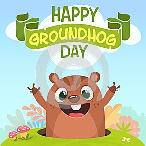 Cartoon cute marmot looking out of a hole. Vector illustration.