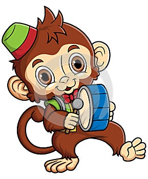 Cartoon cute monkey circus playing drum