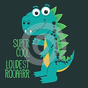 Cartoon cute monster Dinosaur, funny green dragon, little Dino drawing. Vector