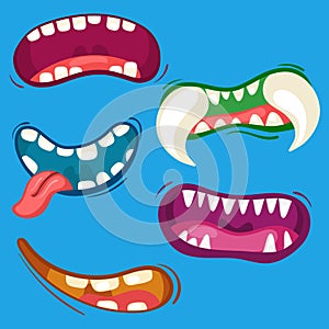 Cartoon cute monster mouths set with different emotional expressions. Teeth, tongue, mouth collection. Halloween vector