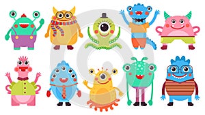 Cartoon cute monsters. Flat colorful monster, characters with eyes, horns. Cute funny aliens, kids friendly ugly mascots