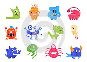 Cartoon cute monsters. Flat monster with crazy smile, silly color isolated kids characters. Funny toys, baby creatures