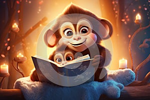 cartoon cute mother monkey reads a book to her baby before bed
