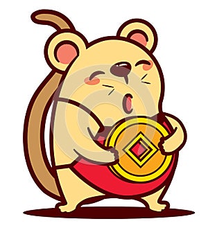 Cartoon cute mouse character carrying gold coin ingot