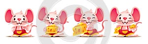 Cartoon cute mouse set with big ears holding large Swiss cheeses and thumb up in different poses - Vector rat