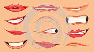 Cartoon cute mouth expressions facial gestures set with pouting lips smiling sticking out tongue isolated vector