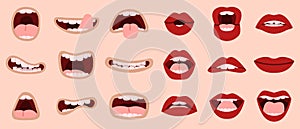 Cartoon cute mouth. Hand drawn comic mouths and lips, laughing with teeth and showing tongues caricature mouths vector