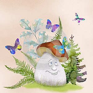 Cartoon cute mushroom on floral background Sweet fairy watercolor illustration Spring magic environment Fantasy children scenery