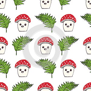 Cartoon Cute Mushroom Seamless Pattern Vector Illustration