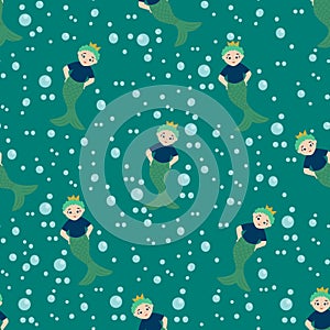 Cartoon cute neptune the god of the sea. Vector illustration in a flat style. Seamless pattern.