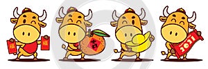 Cartoon cute Ox character set holding Red Packet, Tangerine Orange, Gold Ingot and Scroll couplet.